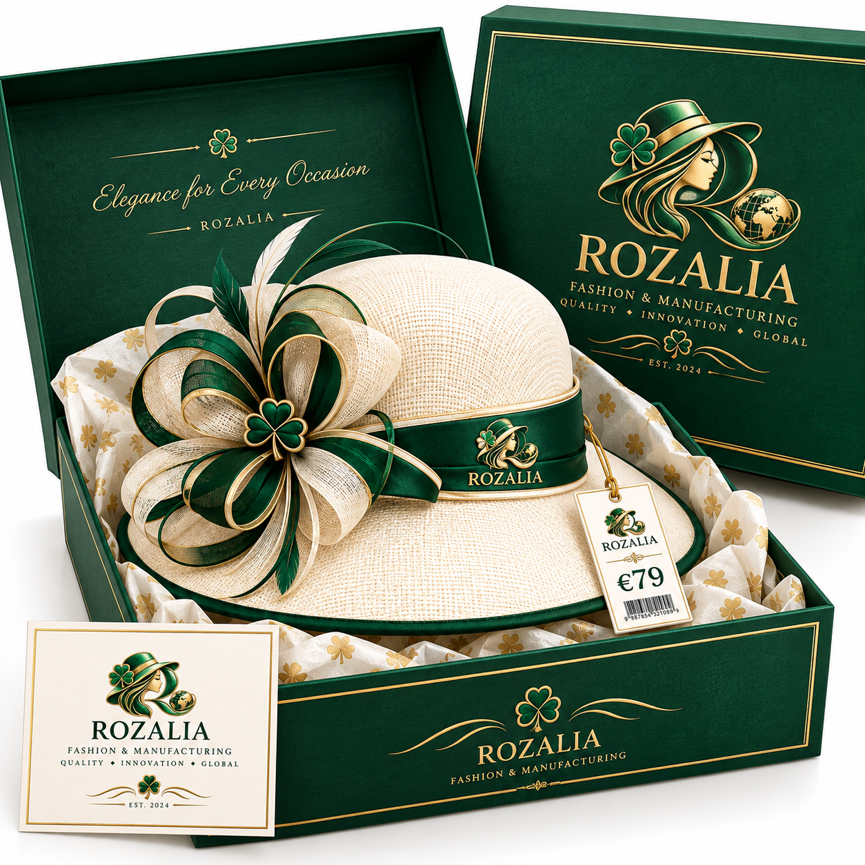 Ivory Emerald Floral Ribbon Occasion Hat — Colour image 6