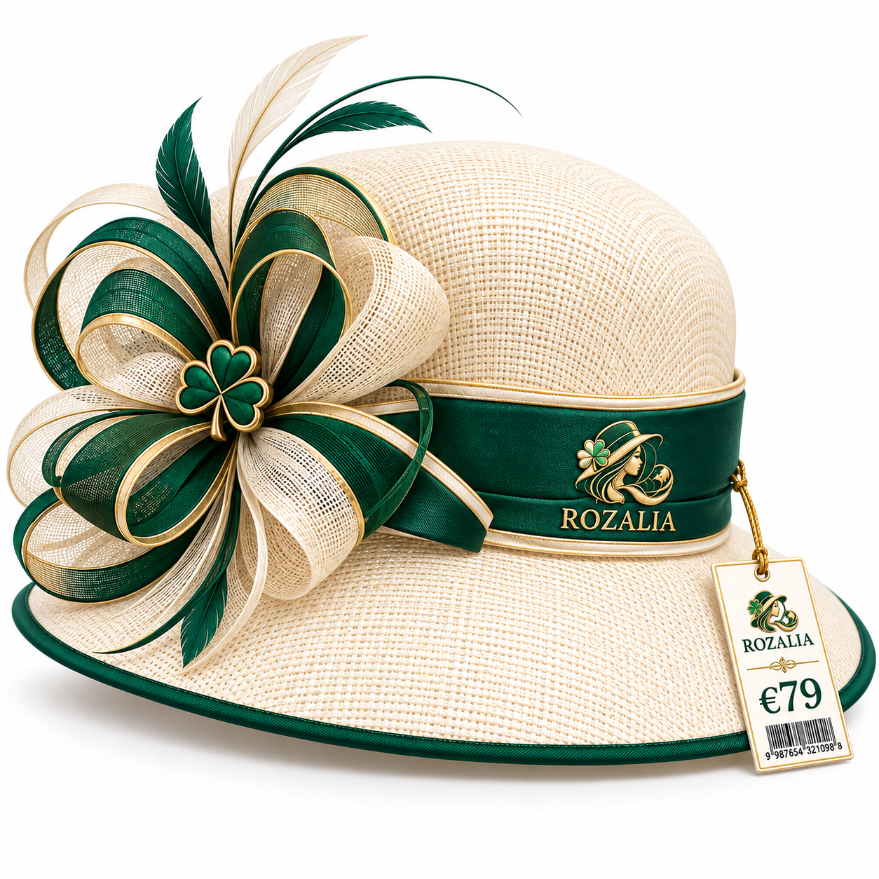 Ivory Emerald Floral Ribbon Occasion Hat — Colour image 3