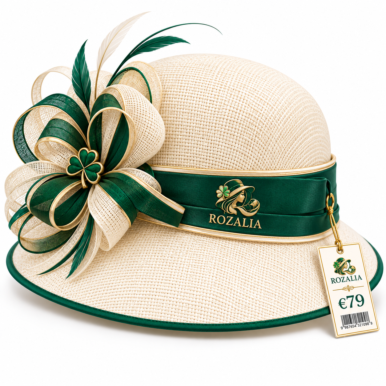 Ivory Emerald Floral Ribbon Occasion Hat — Colour image 4