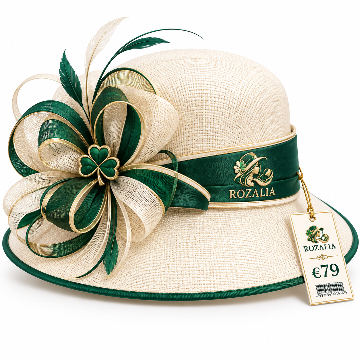Ivory Emerald Floral Ribbon Occasion Hat view 1